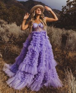 Nieuw ontwerp Lavendel Tulle prom jurken Off schouderavondjurk op maat gemaakte meerlagige ruches dames formele beroemde feestjurk