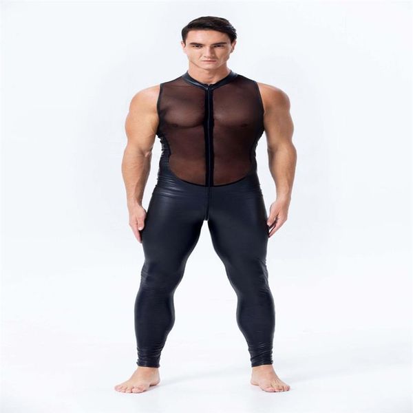 Nouveau Design Hommes Faux Cuir Combinaison Sexy Maille Stretch Catsuit Sans Manches Voir À Travers Body Mâle Fermeture Éclair Ouvert Entrejambe Clubwear326J