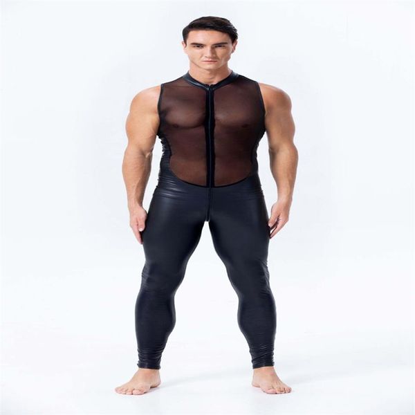 Nuevo diseño, mameluco imitación cuero para hombre, Catsuit elástico de malla Sexy, mono sin mangas con transparencias, ropa para discoteca con entrepierna abierta y cremallera para hombre 259T