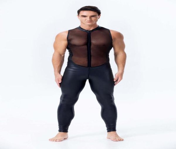 Nouveau Design Hommes Faux Cuir Combinaison Sexy Maille Stretch Catsuit Sans Manches Voir À Travers Body Mâle Fermeture Éclair Ouvert Entrejambe Clubwear4821683