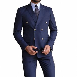 Nuevo diseño Trajes para hombres Azul marino Doble botonadura Pico Solapa Trajes de lujo Chic 2 piezas Chaqueta Pantalones Conjunto Traje de oficina Homme A0TQ #