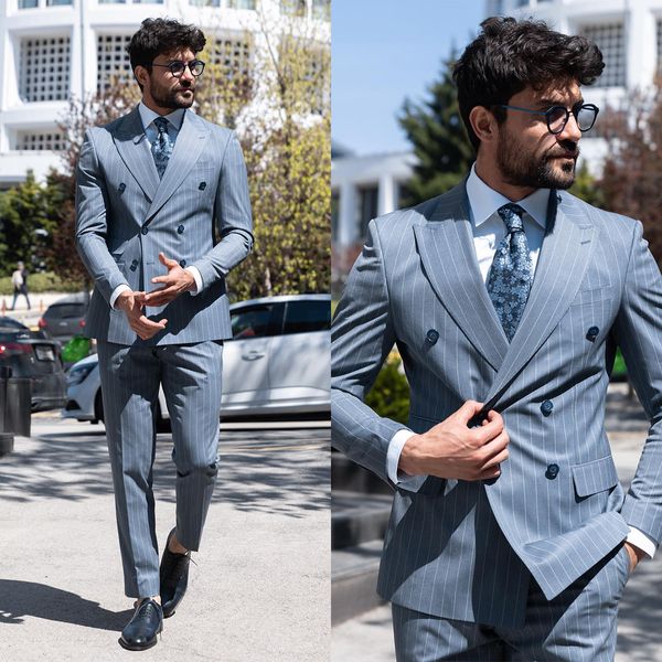 Nouveau Design hommes Tuxedos rayure hommes Blazer coupe ajustée mariage Homme marié Costume avec pantalon Costume Homme