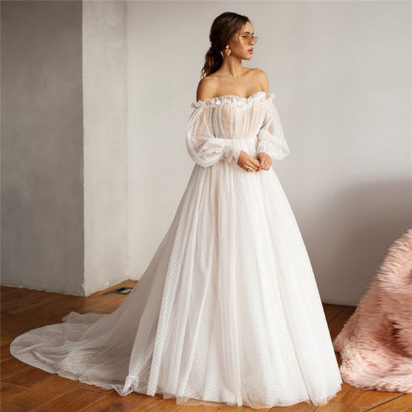 Nouveau design épaule manches bouffantes Dot Tulle robes de mariée chérie pour mariée sexy dos ouvert à manches longues 3D fleur robe de mariée