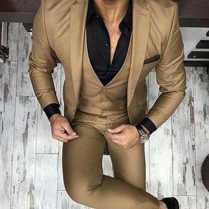 Costumes de mariage marron pour hommes, nouveau Design, trois pièces, revers cranté, Tuxedos de marié d'affaires (veste + pantalon + gilet + cravate) W1159