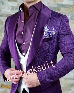 Nouveau design un bouton violet foncé Paisley mariage hommes costumes châle revers trois pièces affaires marié smokings (veste + pantalon + gilet + cravate) W1149