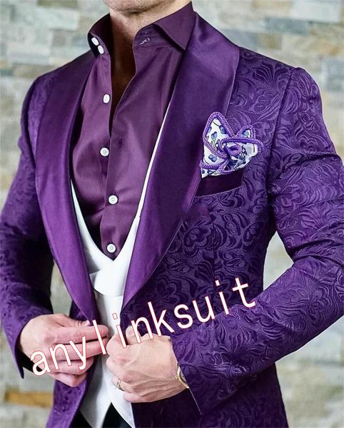Nouveau design un bouton violet foncé Paisley mariage hommes costumes châle revers trois pièces affaires marié smokings (veste + pantalon + gilet + cravate) W1149