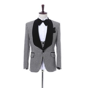 NIEUWE Design One Button Houndstooth Bruidegom Tuxedos Sjaal Revers Groomsmen Mens Past Bruiloft / Prom / Diner Blazer (Jack + Pants + Vest + Tie) K185