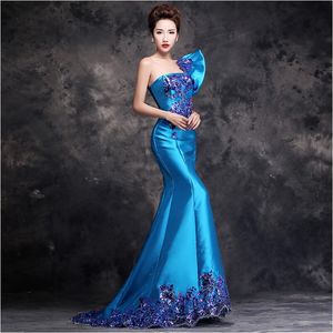 Nieuw ontwerp een schouder elegante vrouwen jurken mouwloze luxueuze feest avondjurken lange jurk zeemeermin trailing vestidos