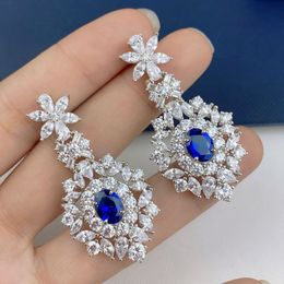 Nieuw ontwerp ovale blauwe edelstenen zirkoon bloemen kristallen oorbellen oorbellen luxe merk sieraden vrouwen verlovingsoorbellen