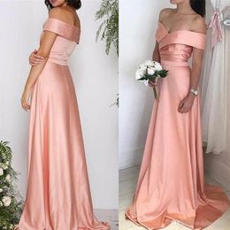 Nuevo diseño Peach Pink Damas de honor Elegante fuera del hombro Una línea de vestidos de fiesta de la tarde.