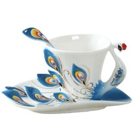 Nouveau design paon tasse à café en céramique tasses créatives porcelaine 3d couleur émail tasse en porcelaine avec soucoupe et cuillère café thé sets246q