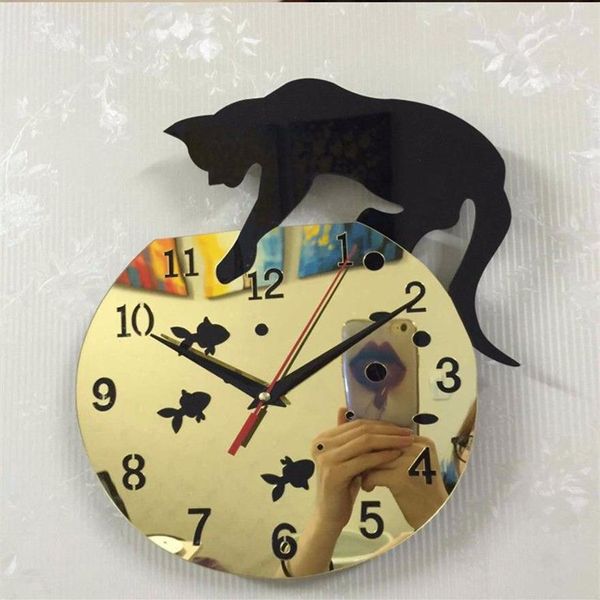 Nuevo diseño Reloj de cuarzo Reloj de pared de gato Espejo acrílico Pared Horloge Aguja Relojes DIY Decoración para sala de estar Relojes modernos Pegatinas 3D289u