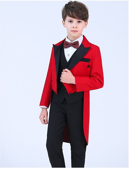 Nouveau Design Rouge Tailcoat Garçon Tenue de soirée Beau Garçon Enfant Tenue De Mariage Porter Fête D'anniversaire Costume De Bal (veste + pantalon + cravate + gilet) 25