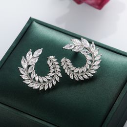 Nuevo diseño, pendientes brillantes con forma de hoja de rama de olivo, corte marquesa, pendientes grandes de diamantes para mujer, regalo de joyería de plata fina 925