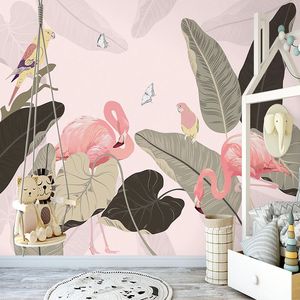 Nieuwe ontwerp textuur behang moderne tropische plant bladeren roze vogels muurschildering woonkamer slaapkamer restaurant muurpapier voor muur 3D