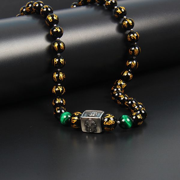 Nouveau Design bijoux tibétains Om Mani Padme Hum collier de bouddha en acier inoxydable avec 8mm mots en or naturel perles de pierre d'onyx noir