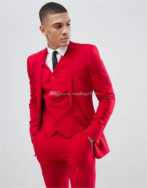 Nuevo diseño Dos botones Rojo Novio Esmoquin Muesca Solapa Padrinos de boda Trajes para hombre Boda / Baile de graduación / Cena Blazer (Chaqueta + Pantalones + Chaleco + Corbata) K260