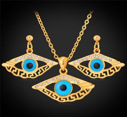 Nuevo diseño Vintage Blue Evil Eyes 18k Collar de gargantilla chapada en oro Pendientes colgantes Joyas de diamantes de diario gano