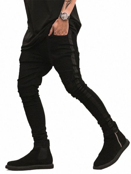 Nouveau design Vintage Hommes Fi Slim Fit Jeans Pantalon Noir Side Stripe Denim Pantalons Hommes Hip Hop Streetwear Jeans Taille 32 34 79Rn #