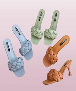 Nouveau design tisser les femmes pantoufles dames minces à talon haut sandale orteil ouvert glissade sur les diapositives extérieures d'été basculer la chaussure de chaussure Ship1384188