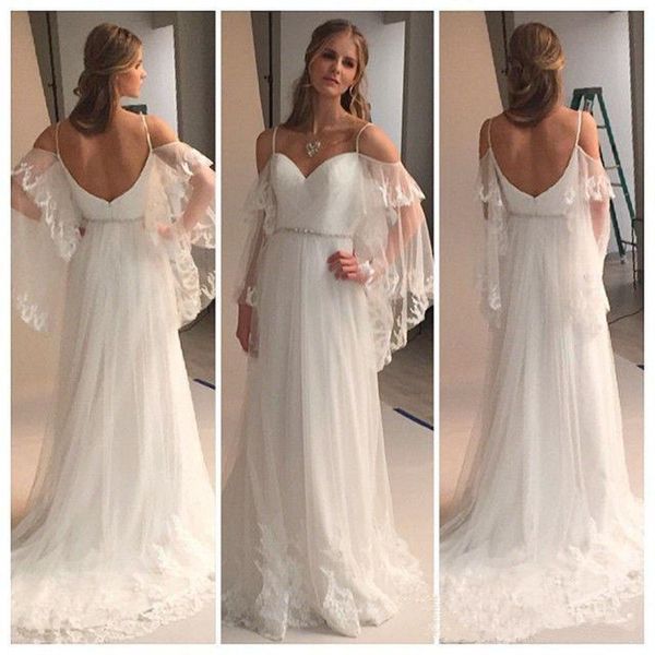 Image réelle en mousseline de soie plage robe de mariée sexy bretelles spaghetti cristal ceinture pays robes de mariée 2018 mariage invité robes de soirée robe de