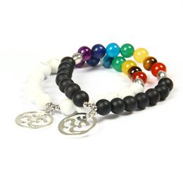 Nieuw ontwerp groothandel 10 stks / partij 8mm natuursteen met 7 chakra genezing steen yoga meditatie grote zilveren om paren afstand armband