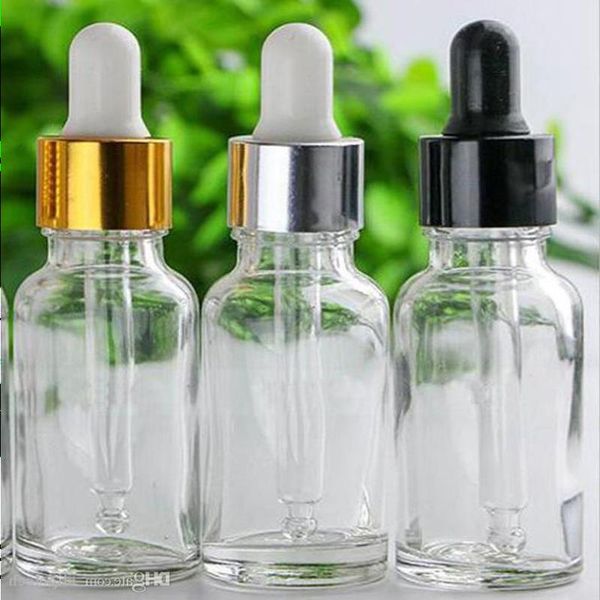 Nouveau design en gros de 20 ml bouteilles de compte-gouttes en verre transparent pour huile essentielle e liquide médicament cosmétique eau stieg