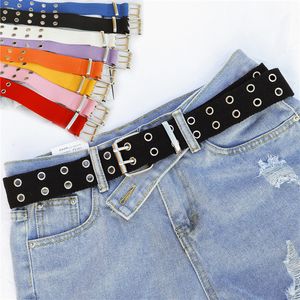 Nieuw ontwerp brede canvas dubbele doorvoergatgesp mannen leren riem damesriem voor bruine patchwork jeansriem voor dames