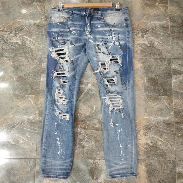 Nouveau Design hiver hommes Jeans de haute qualité Designer peinture en aérosol épissé déchiré haute rue détruit Denim Jeans taille américaine W28-W40181Y