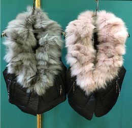 Nieuwe ontwerp vrouwen herfst winter echte vos bontkraag patchwork PU lederen mouwloze korte jas jas vest casacos plus size ML