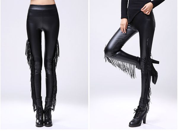 NIEUW Design Dames Autumn Winter Sexy Bodyon Tassel Fringe Patchwork PU Leather Tunic Leggings plus fluweelpakketbroeken Elastische taille