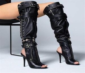 Nieuw ontwerp Women Open teen Zwart Leather Zipper Design knie High Boots Verwijderbare lange hoge hak motorfiets laarzen gespen BO7521753