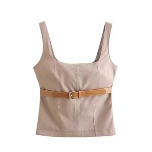 Nieuw ontwerp Women Khaki Color Belt Decoratie Mouwloze tanktops Slim taille Vest XSSML