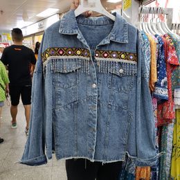 Nieuw design dames herfstmode coole natie etnische stijl borduurwerk bohemen patroon kwastje gepatchte denim jeans jas