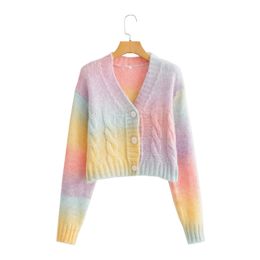 Nieuw design dames herfstmode v-hals lange mouw kleurverloop tie-dying gebreide korte trui jas S M