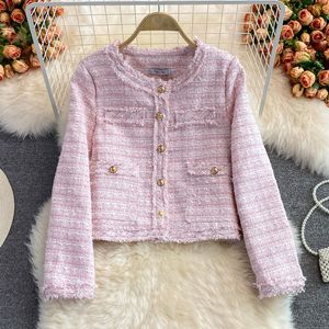 Nouveau design femmes automne lurex patché tweed laine couleur unie mignon col rond manches longues veste manteau ML