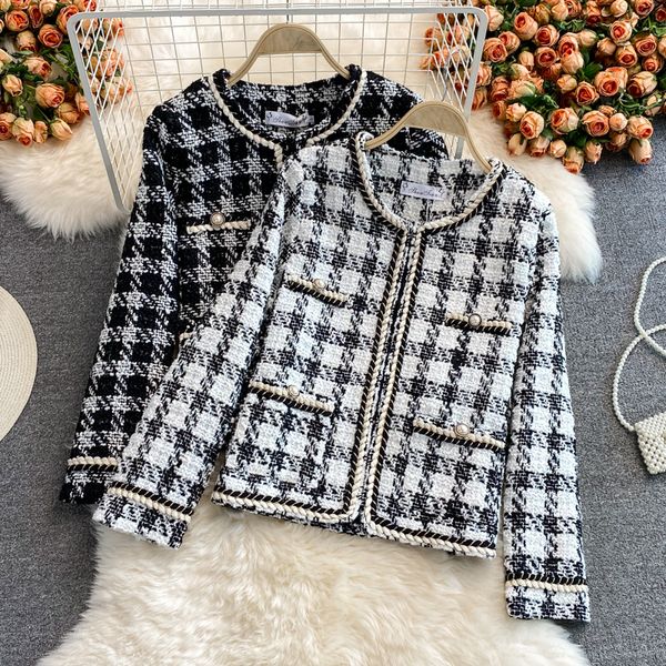 Nouveau design femmes automne lurex patché tweed laine bloc de couleur plaid motif à manches longues veste manteau ML