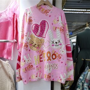 Nuevo diseño de mujer de otoño o-cuello de manga larga suelta de lana de cachemira de punto patrón de conejo de dibujos animados rebordear paillette suéter de lujo jersey jersey top