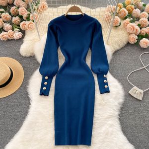 Nieuw design dames herfst puff met lange mouwen o-neck gebreide vaste kleur knie lengte trui jurk bodycon tunic potlood jurk