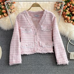 Nouveau design femmes automne tweed laine couleur unie mignon col en v à manches longues veste manteau ML