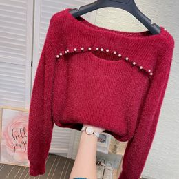 Nouveau design femmes automne hiver slash cou perles évider mohair laine tricoté à manches longues pull haut pull