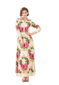 Nouveau design femmes baroque fleur imprimer col rabattu simple boutonnage à manches longues taille haute maxi longue robe de vacances vestidos