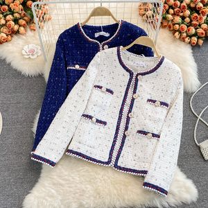 Nieuw ontwerp dames colourblock o-hals tweed wollen lurex herfst lente jas lange mouw jas ML
