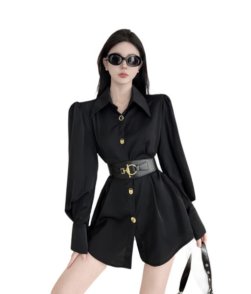 Nouveau design femmes cool couleur noire col rabattu à manches longues avec ceinture chemisier chemise ML