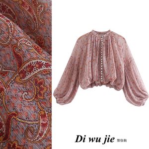 Nouveau design femmes mode rétro style français en mousseline de soie lanterne à manches longues cajou imprimé t-shirt court blouse XSSML