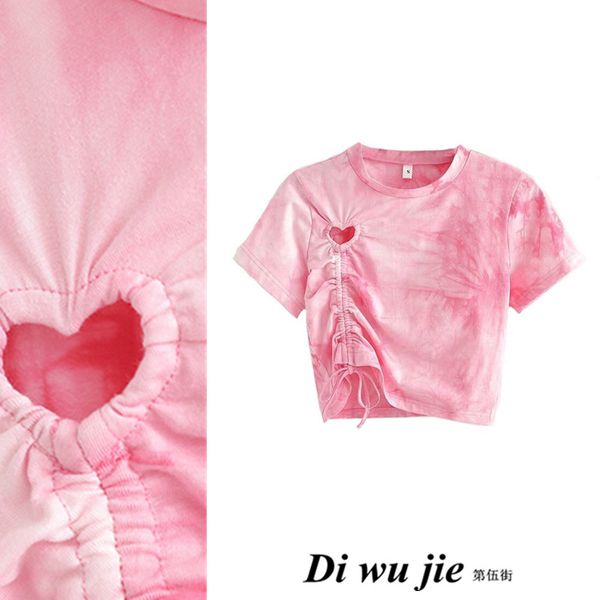 Nuevo diseño de moda para mujer, top corto de manga corta con recorte de corazón de amor de color rosa dulce, camiseta de cintura alta SML