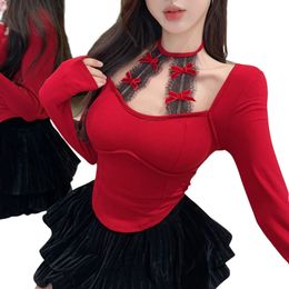 Nouveau design femmes licou cou dentelle mignon nœud patché couleur rouge évider sexy à manches longues rembourré t-shirt SMLXLXXL