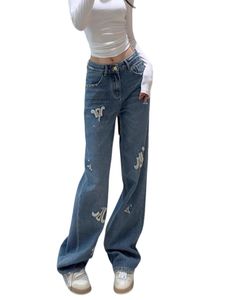 Nuevo diseño LOGO DE ALTA LOGO LOGO DE LA TIGA MUJERTA Bordado de pierna ancha Pantalones de jeans sueltos Pantalones largos Smlxlxxl