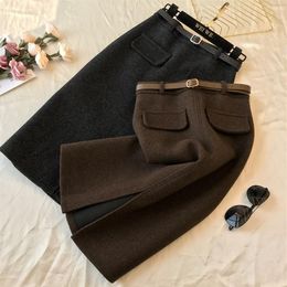 Nouveau design taille haute pour femmes avec ceinture couleur unie laine épaississement évent jag longueur au genou jupe crayon grande taille S M L XL XX271d