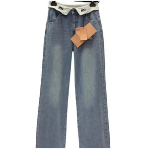 Nieuw ontwerp dameslogo letterborduurwerk hoge taille denim jeans losse lange broek broek SMLXL